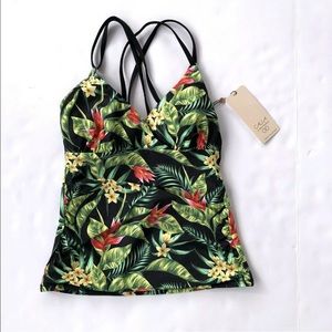 Calia Paradise Palm Black Strappy Ruched Takini Bathing Suit Top